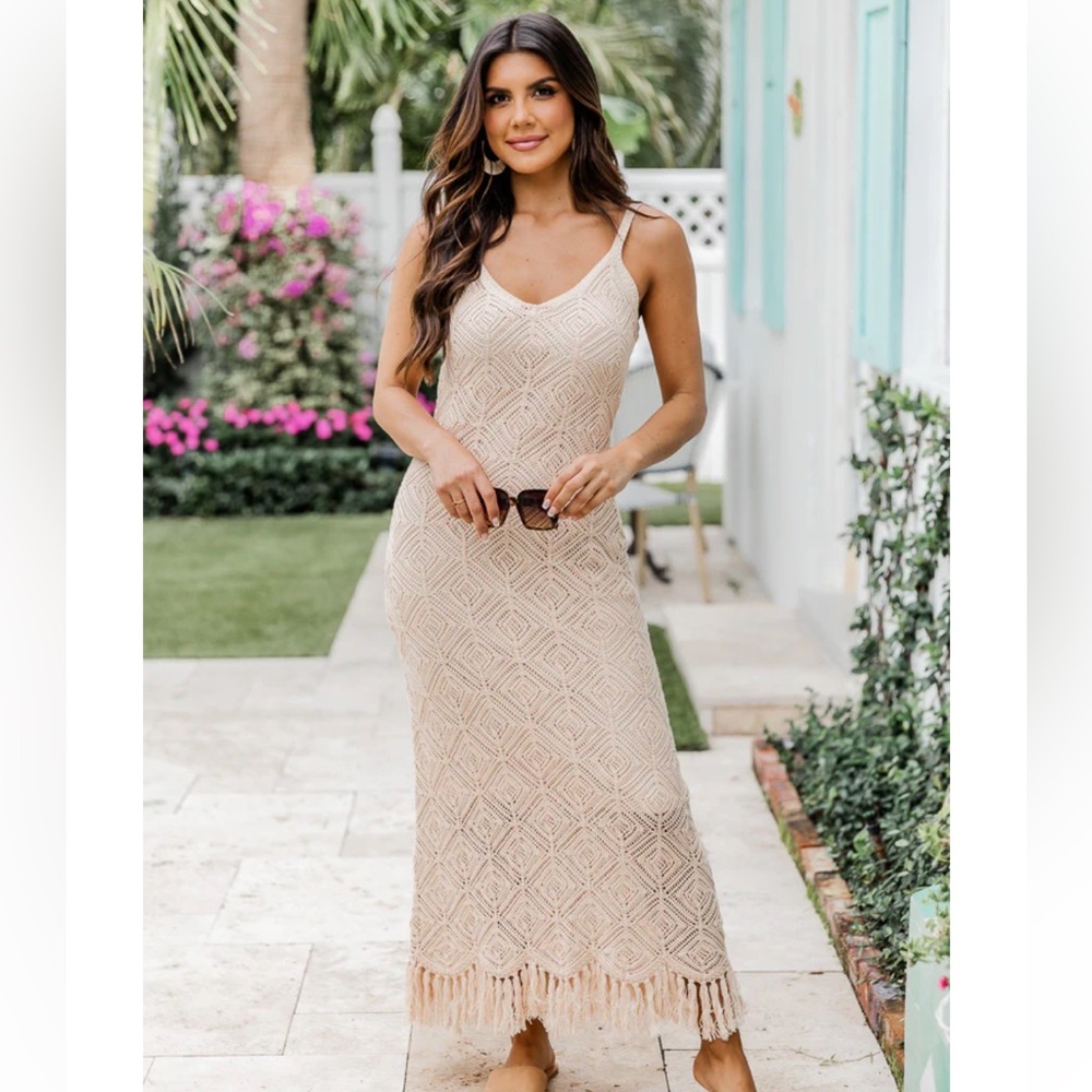 Pink Lily taupe crochet fringe midi dress